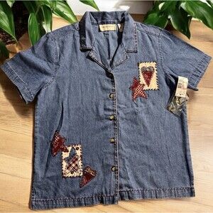 Lemon Grass Studio Top Shirt Womens Small Blue Denim Patchwork Button Up Country